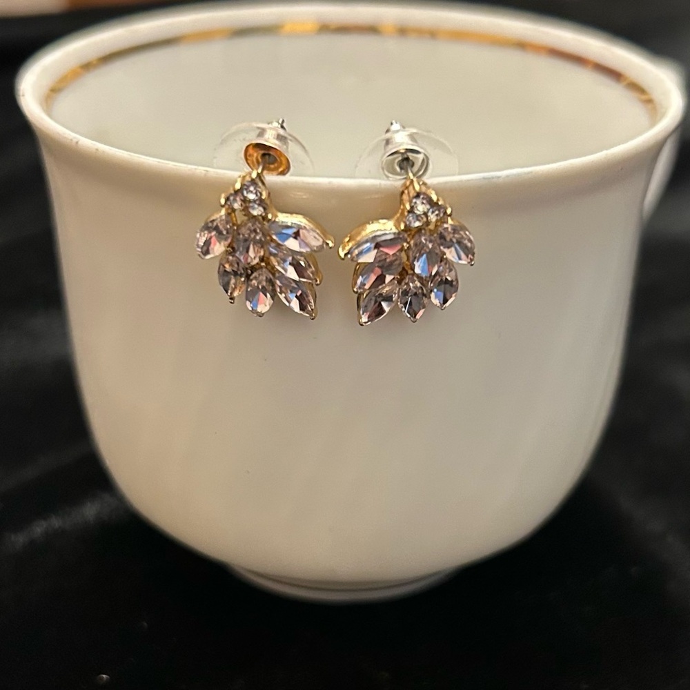 Elegant Pink Marquise with Cut Cluster Gold and Silver Leaf Design Earrings